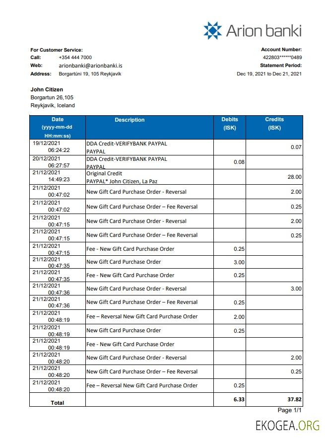 Relevé de la banque Arion d'Islande, modèle facile à remplir au format de fichier .xls et .pdf